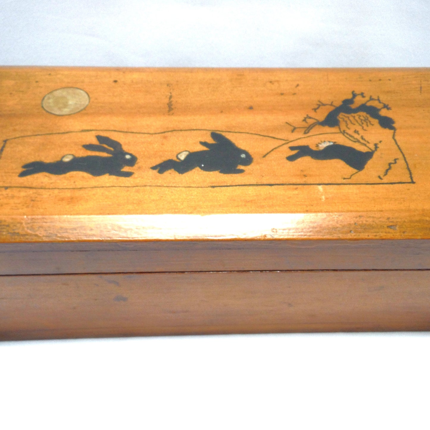 ANTIQUE HAND-MADE WOODEN PENCIL BOX: Featuring Hand-Painted Folk Art Style Bouncing Bunnies!