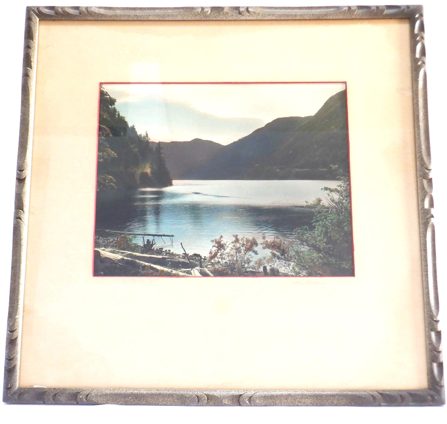 Vintage Hand-Tinted Black & White Framed Photograph: 'LAKE & MOUNTAIN SCENE'