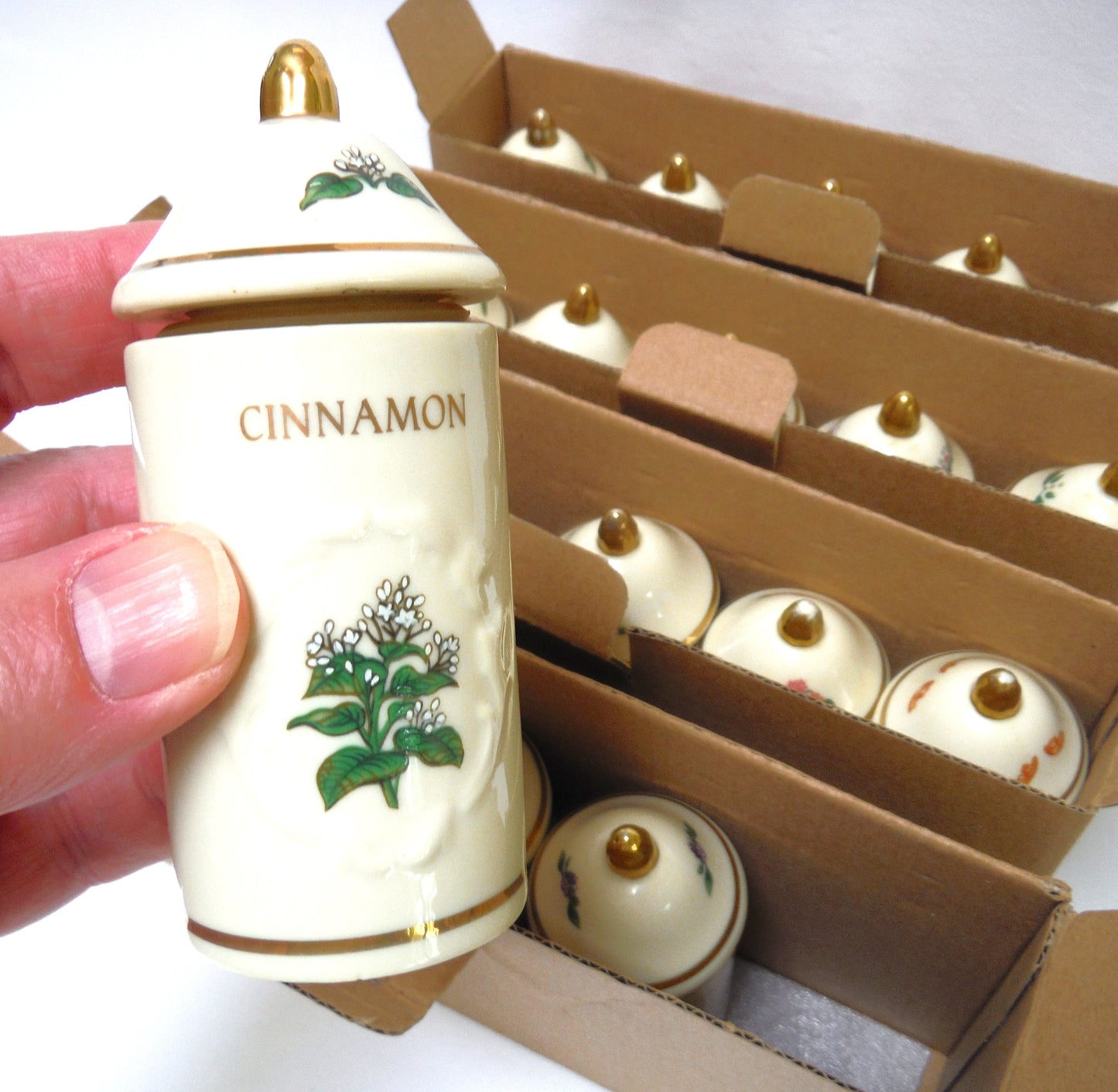 VINTAGE LENOX SPICE GARDEN SPICE JARS: Set of 19 Spice Jars, Crafted of fine Porcelain, Sculpted in Bas-relief, decorated by hand and embellished with 24K Gold.