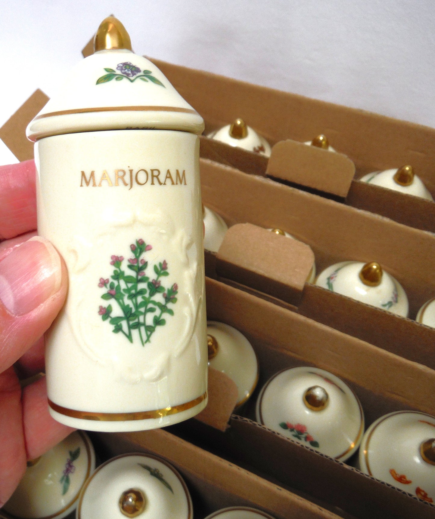 VINTAGE LENOX SPICE GARDEN SPICE JARS: Set of 19 Spice Jars, Crafted of fine Porcelain, Sculpted in Bas-relief, decorated by hand and embellished with 24K Gold.
