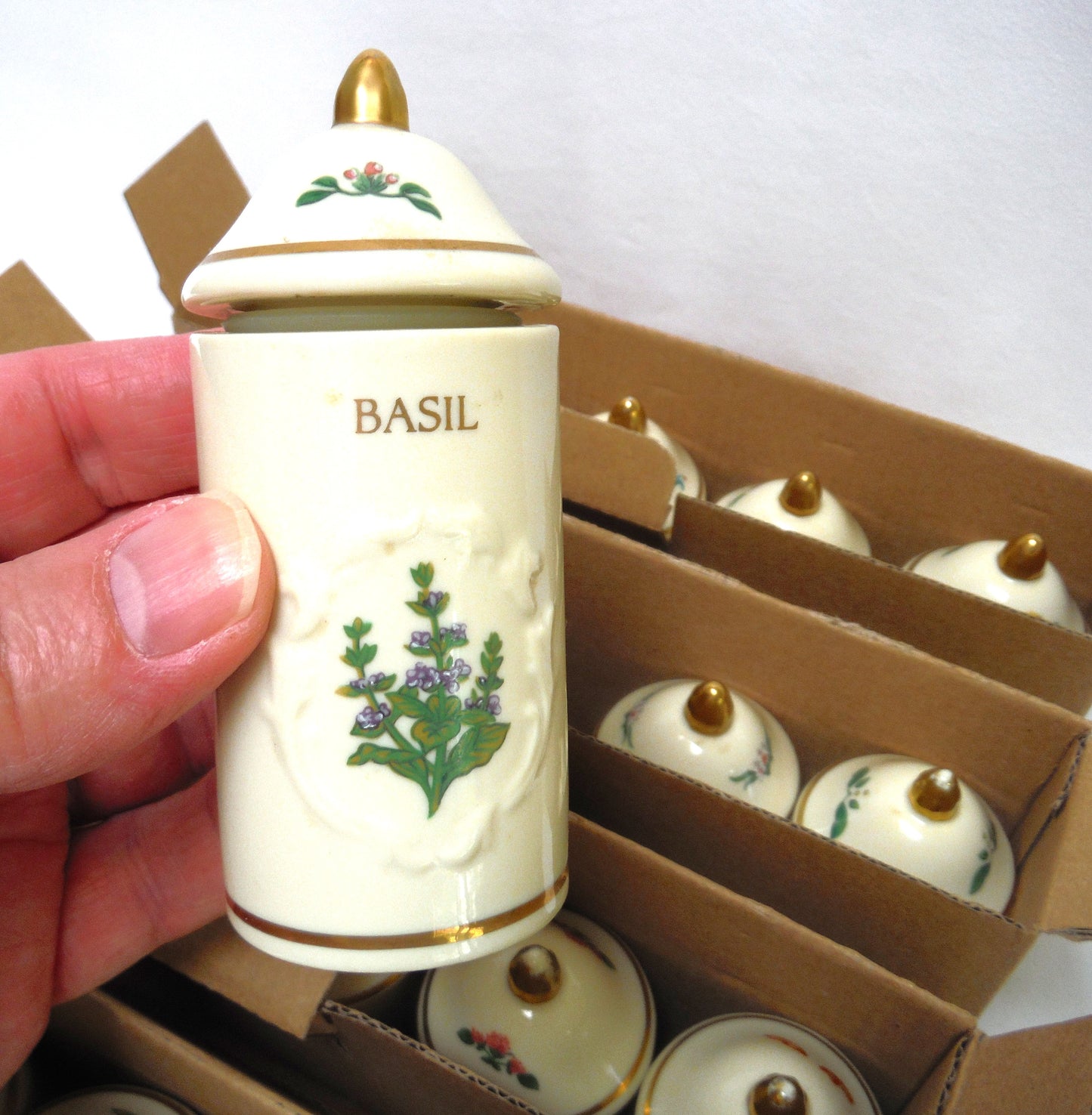 VINTAGE LENOX SPICE GARDEN SPICE JARS: Set of 19 Spice Jars, Crafted of fine Porcelain, Sculpted in Bas-relief, decorated by hand and embellished with 24K Gold.