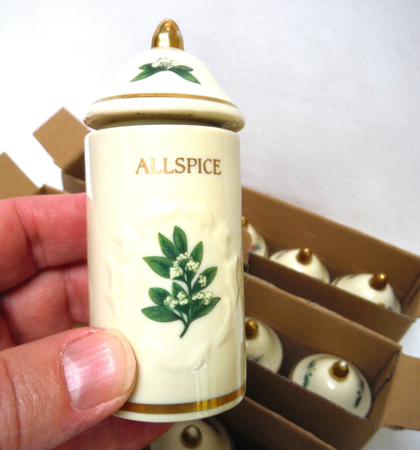 VINTAGE LENOX SPICE GARDEN SPICE JARS: Set of 19 Spice Jars, Crafted of fine Porcelain, Sculpted in Bas-relief, decorated by hand and embellished with 24K Gold.