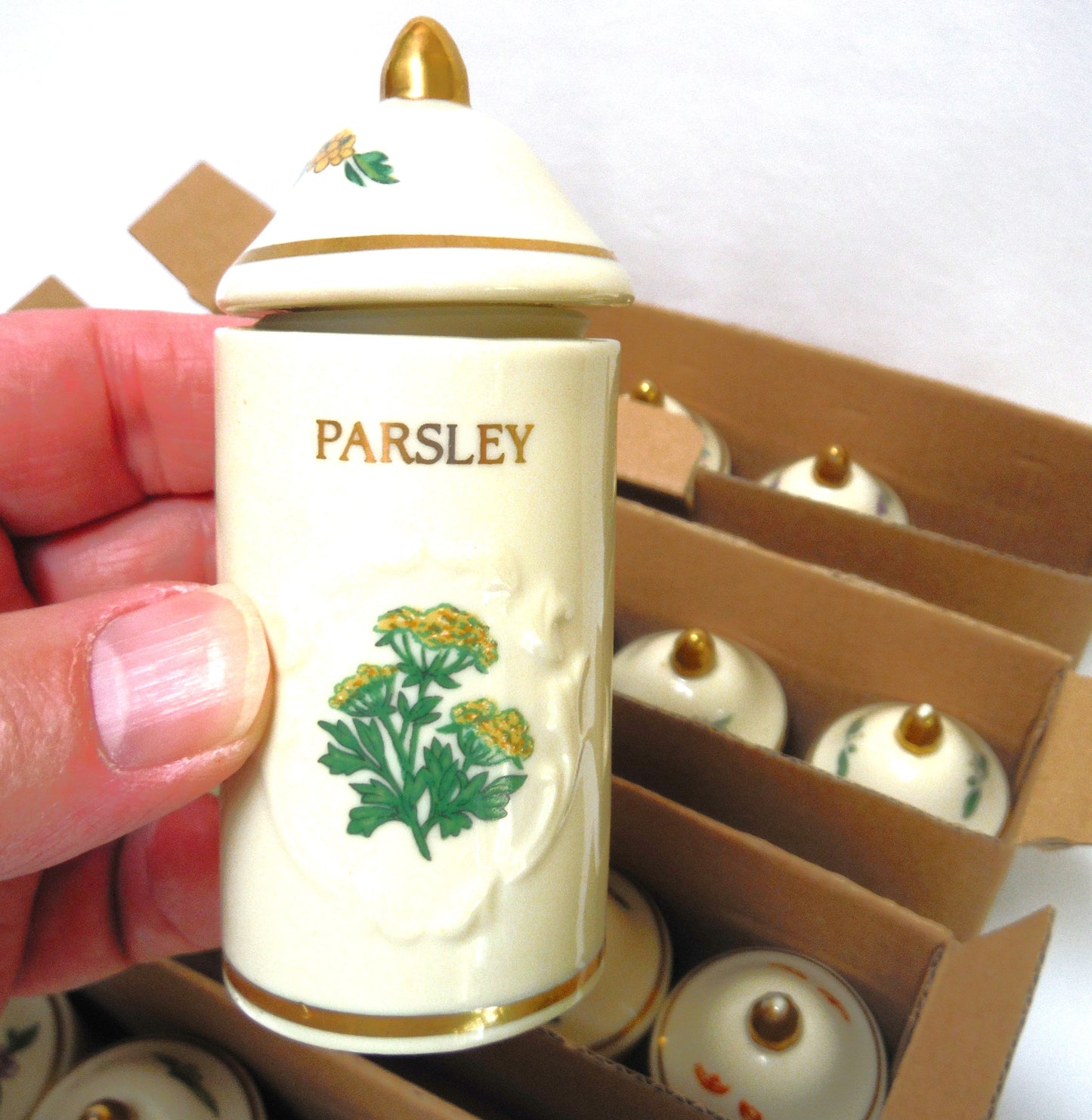 VINTAGE LENOX SPICE GARDEN SPICE JARS: Set of 19 Spice Jars, Crafted of fine Porcelain, Sculpted in Bas-relief, decorated by hand and embellished with 24K Gold.