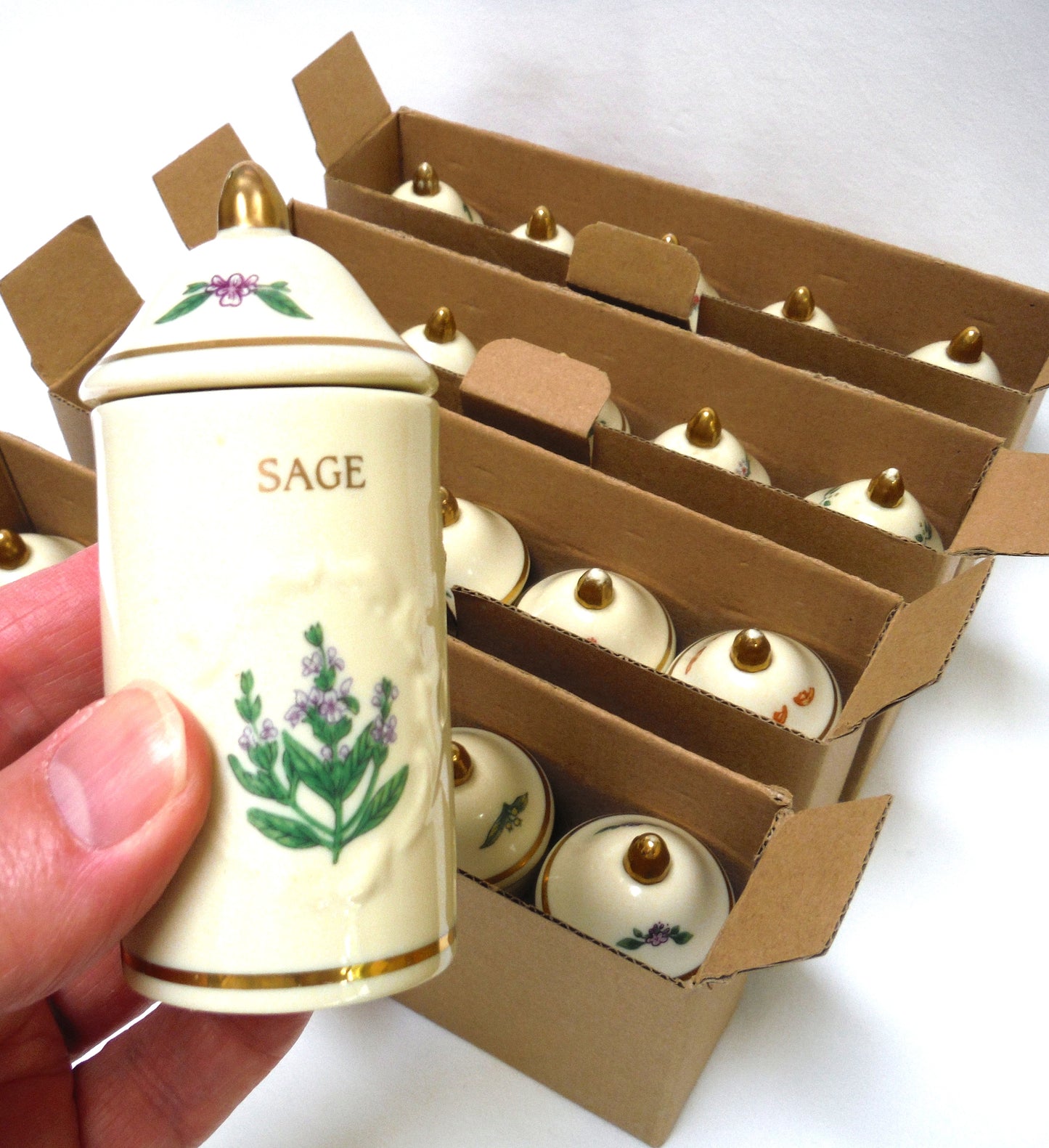 VINTAGE LENOX SPICE GARDEN SPICE JARS: Set of 19 Spice Jars, Crafted of fine Porcelain, Sculpted in Bas-relief, decorated by hand and embellished with 24K Gold.