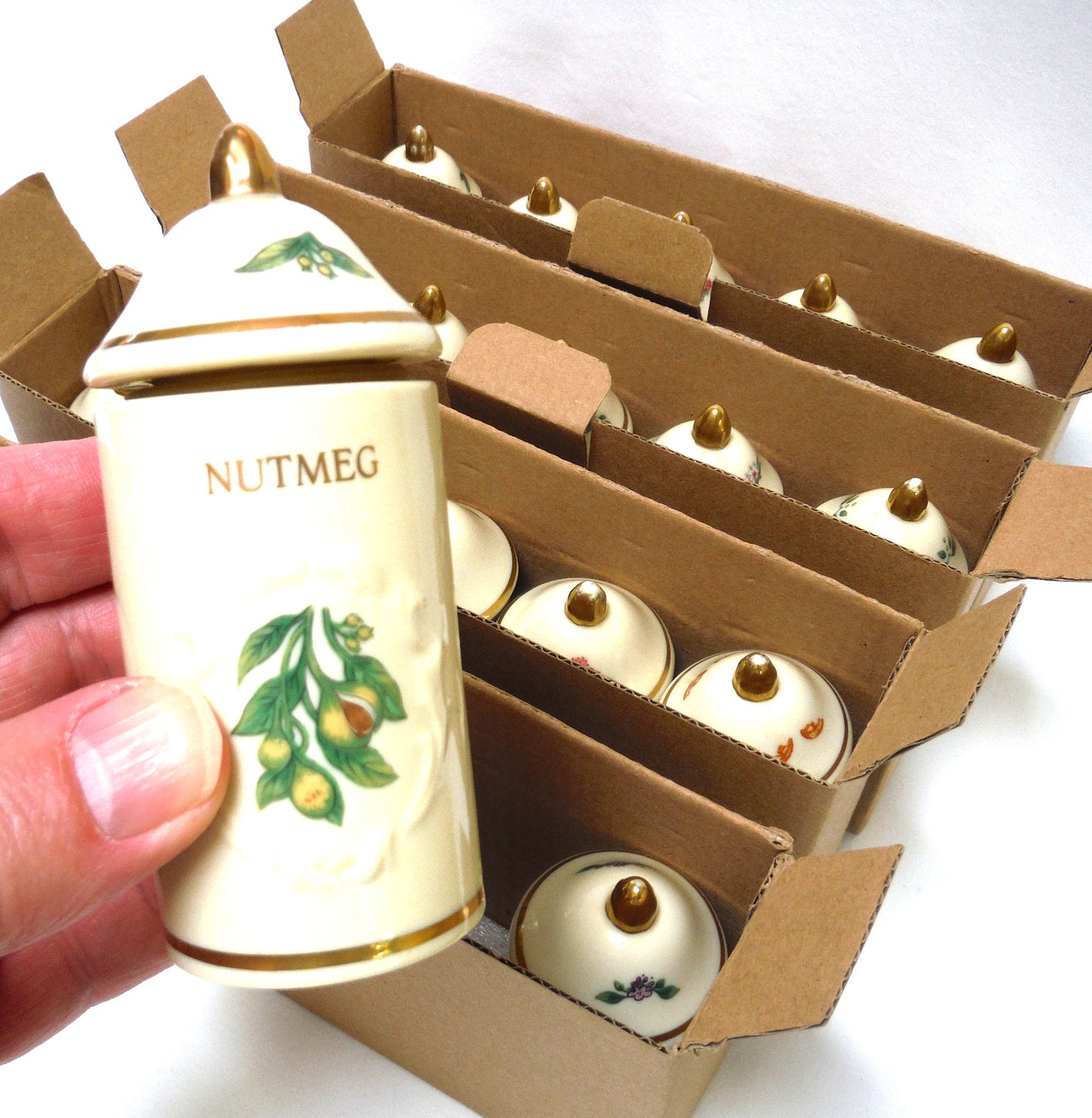 VINTAGE LENOX SPICE GARDEN SPICE JARS: Set of 19 Spice Jars, Crafted of fine Porcelain, Sculpted in Bas-relief, decorated by hand and embellished with 24K Gold.