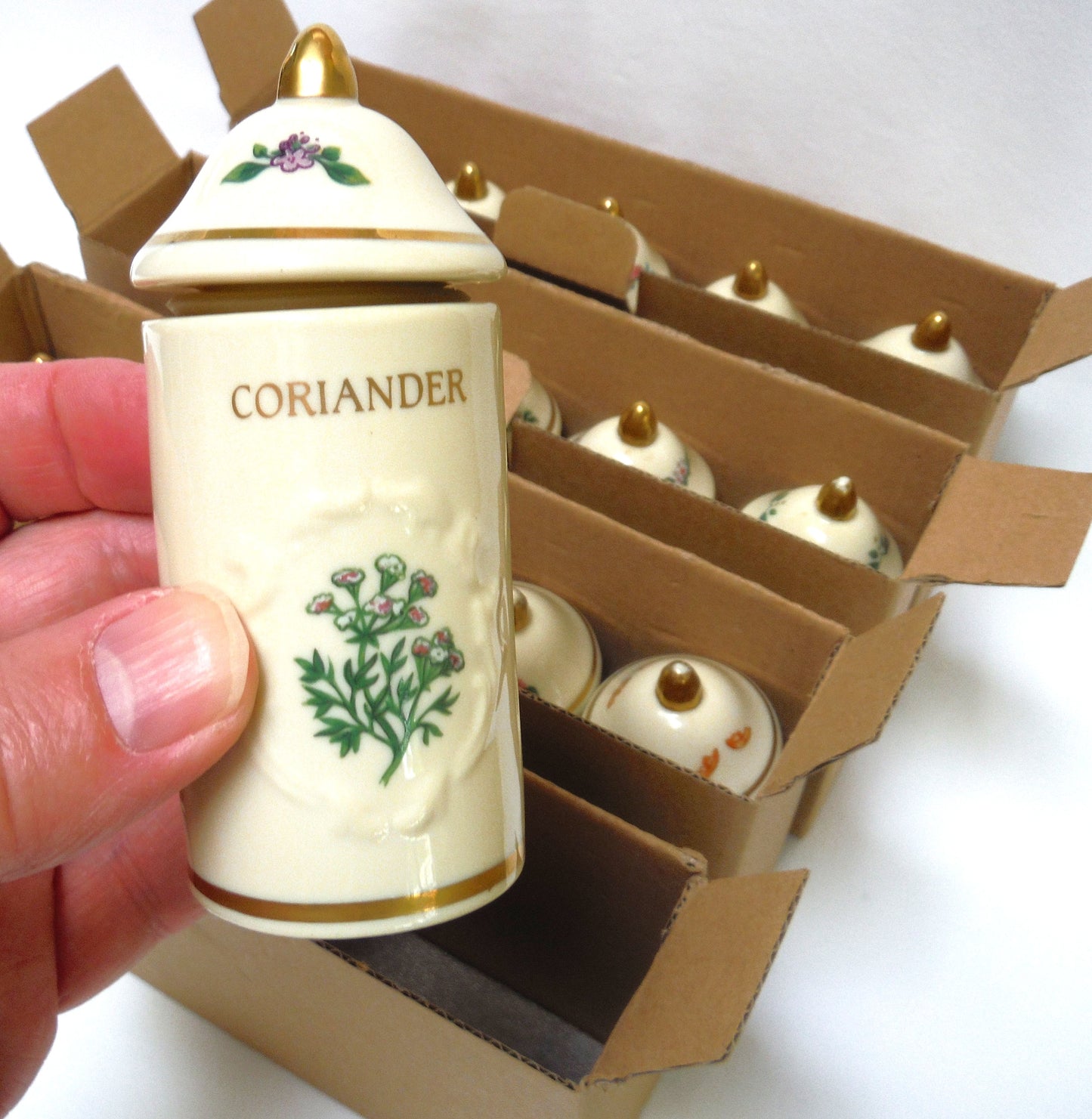 VINTAGE LENOX SPICE GARDEN SPICE JARS: Set of 19 Spice Jars, Crafted of fine Porcelain, Sculpted in Bas-relief, decorated by hand and embellished with 24K Gold.