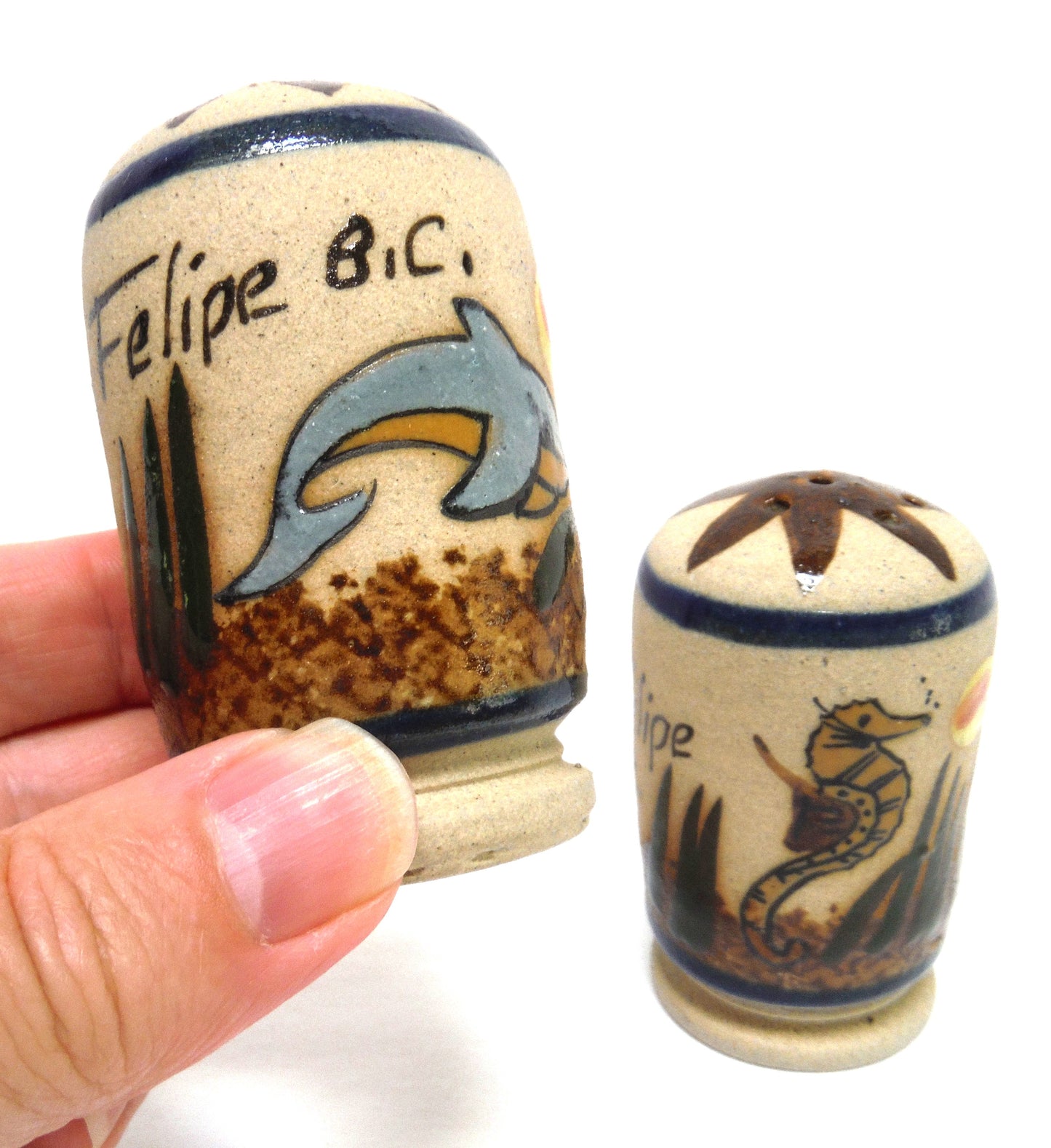HAND PAINTED SALT AND PEPPER SHAKERS FROM SAN FELIPE, BAJA CALIFORNIA MEXICO