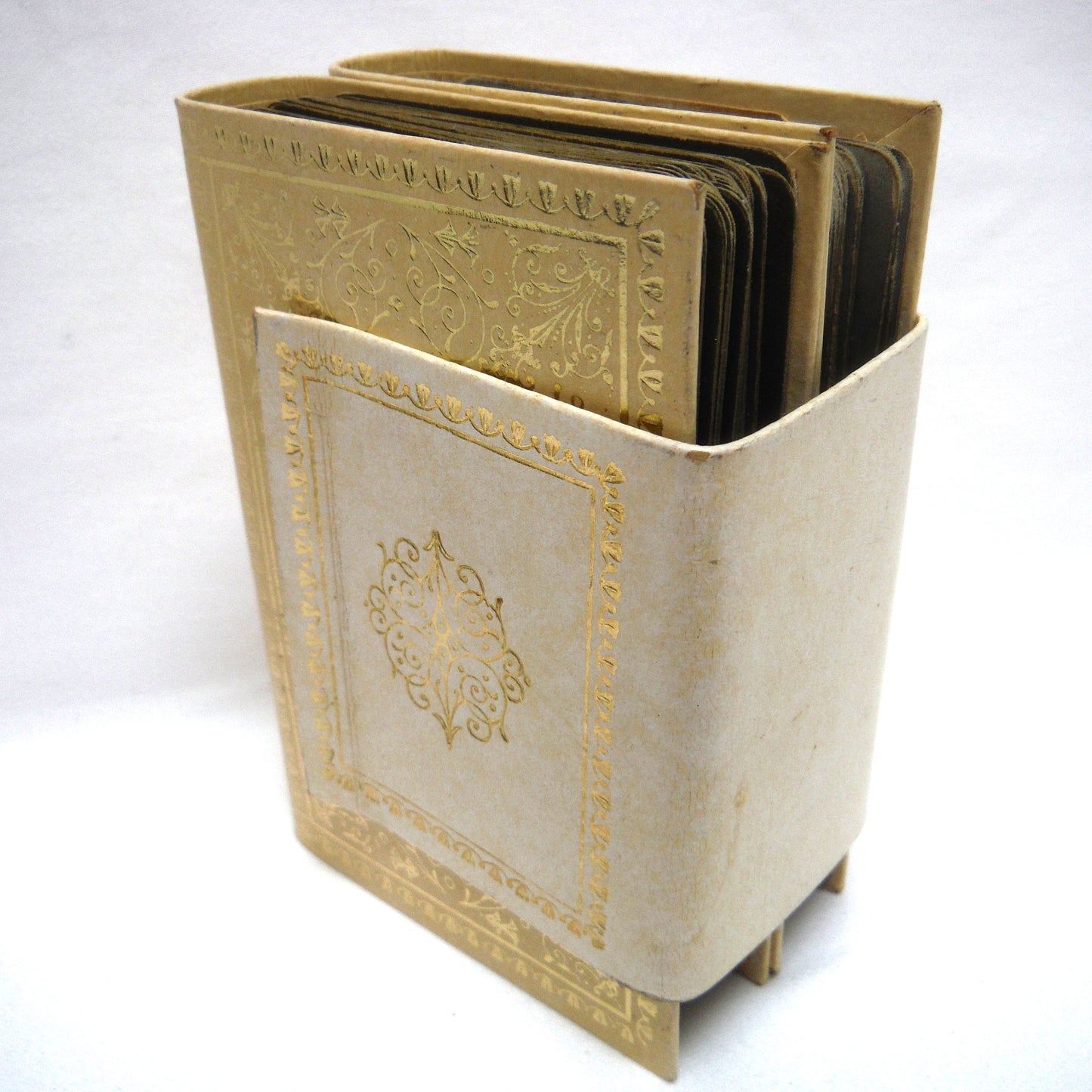 VINTAGE SET OF TWO CONGRESS PLAYING CARDS: In a Pair of Cream Leather Faux Books and Original Matching Book Holde