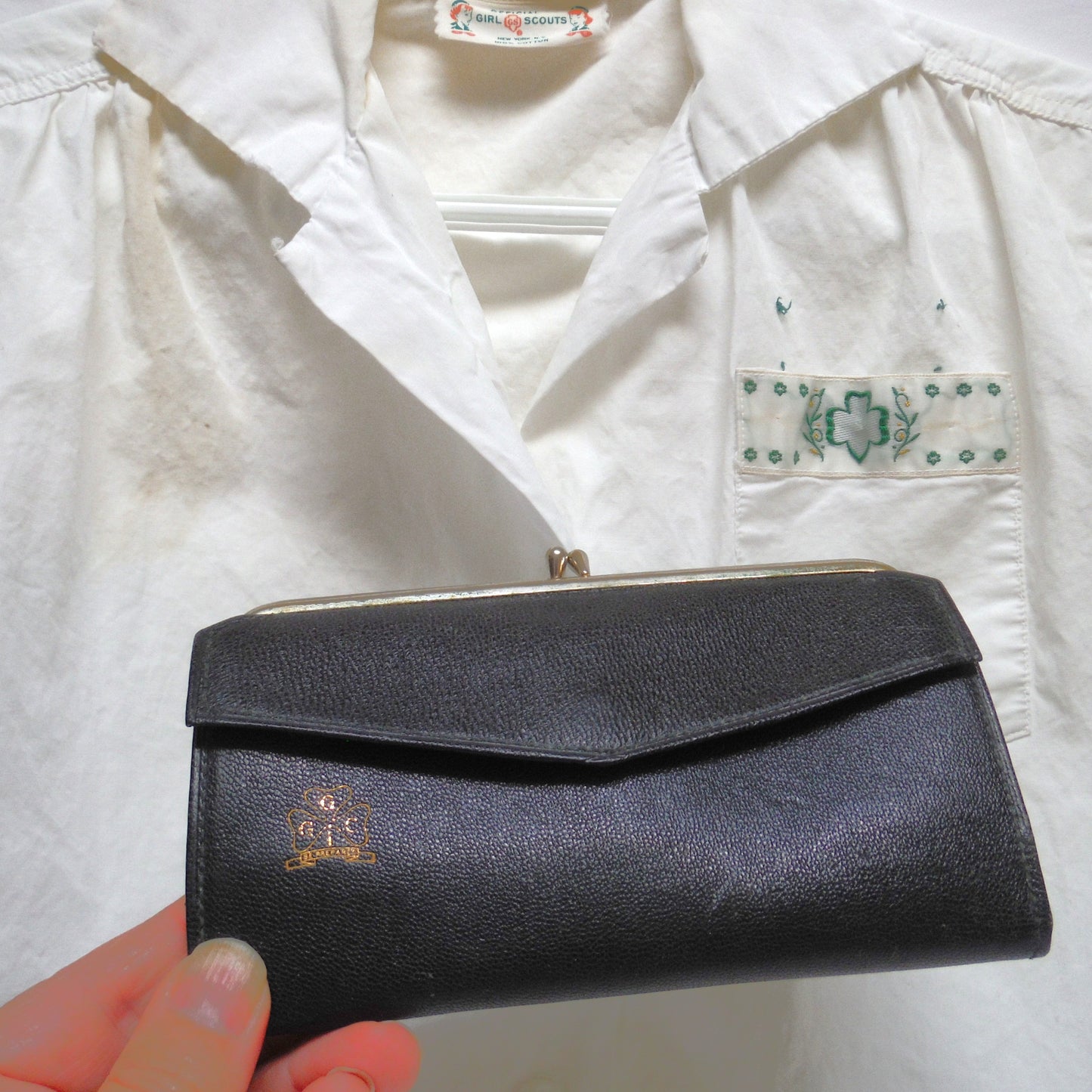 Vintage RARE Excellent Condition Black Leather Small Purse, Clutch, or Hand Bag, from the Girl Guides of Canada, with BONUS GIRL GUIDE SHIRT!