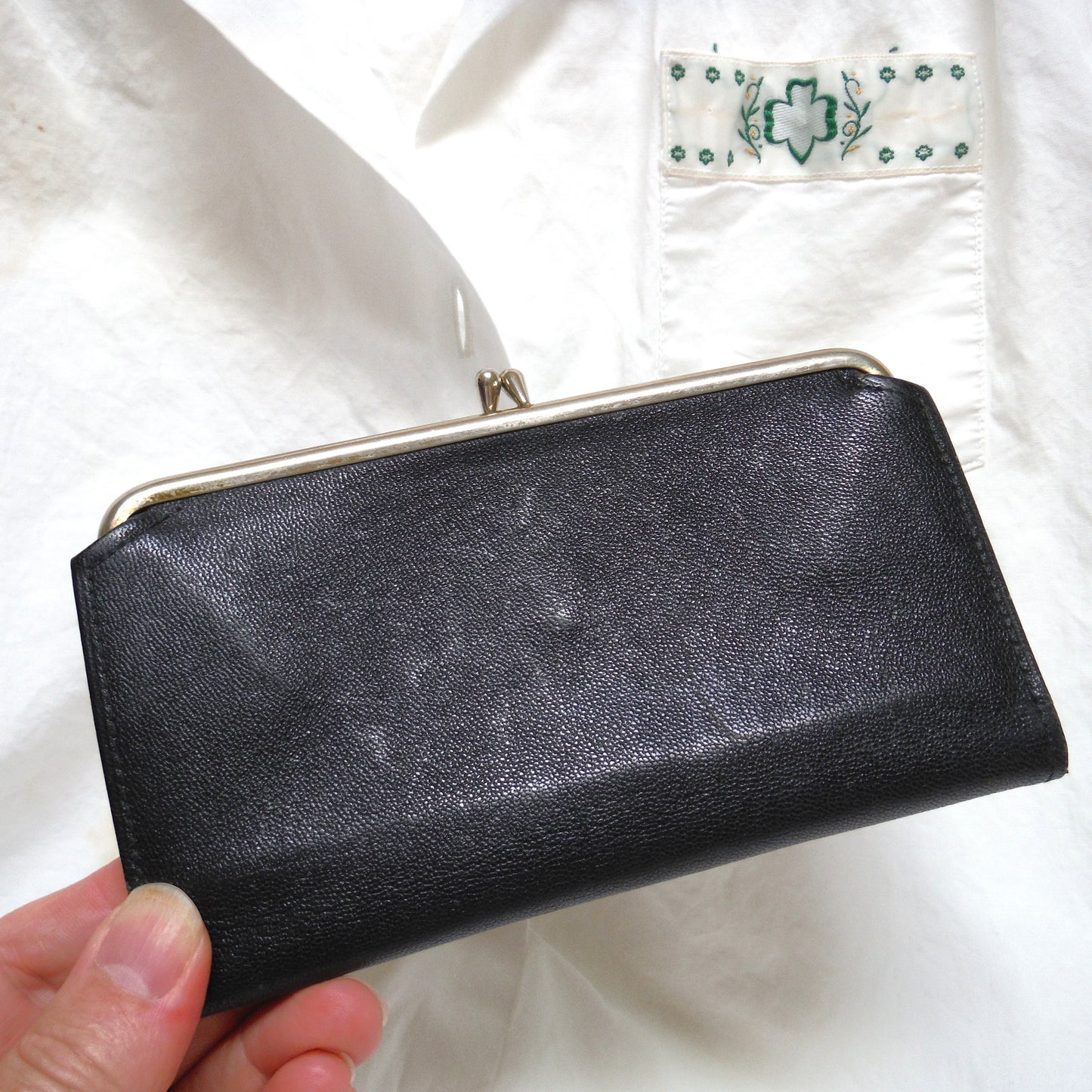 Vintage RARE Excellent Condition Black Leather Small Purse, Clutch, or Hand Bag, from the Girl Guides of Canada, with BONUS GIRL GUIDE SHIRT!