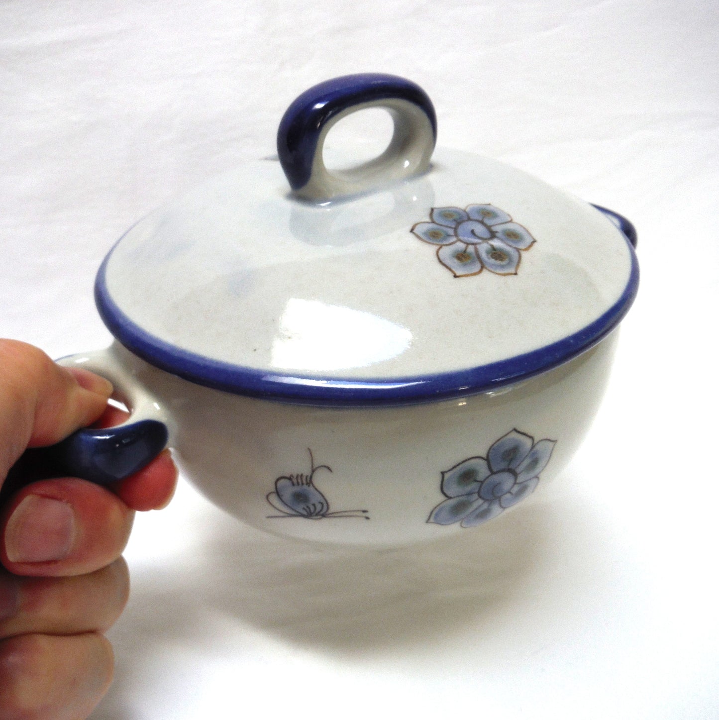 Tonala Mexican Blue & Grey Hand Painted Folk Art Pottery: COVERED CASSEROLE LIDDED BOWL