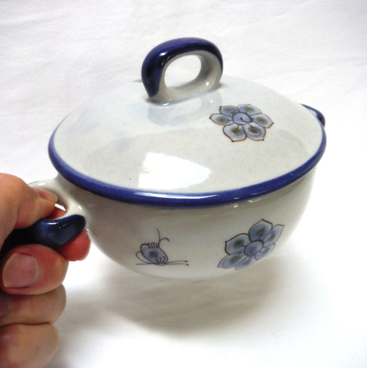 Tonala Mexican Blue & Grey Hand Painted Folk Art Pottery: COVERED CASSEROLE LIDDED BOWL