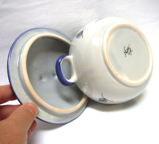 Tonala Mexican Blue & Grey Hand Painted Folk Art Pottery: COVERED CASSEROLE LIDDED BOWL