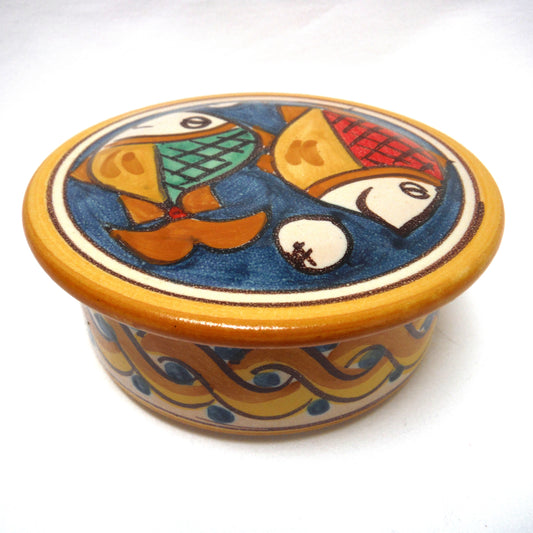 ITALIAN POTTERY TWO-FISH DESIGN ROUND JEWELRY OR TRINKET BOX, with removable lid and Artist Signed!
