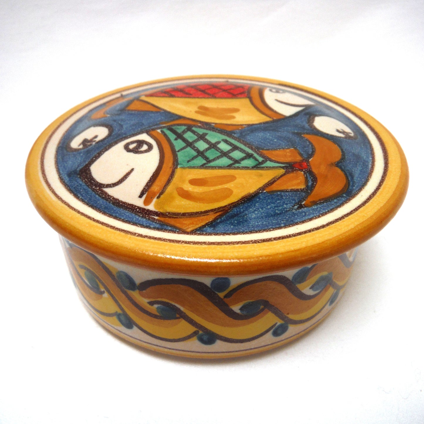ITALIAN POTTERY TWO-FISH DESIGN ROUND JEWELRY OR TRINKET BOX, with removable lid and Artist Signed!