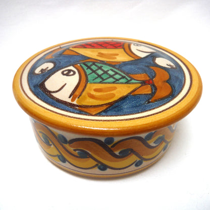 ITALIAN POTTERY TWO-FISH DESIGN ROUND JEWELRY OR TRINKET BOX, with removable lid and Artist Signed!