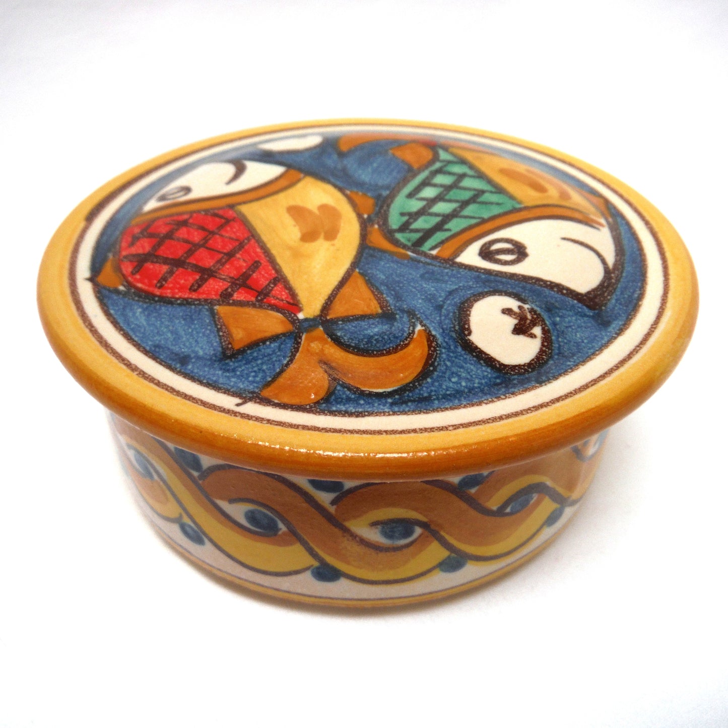ITALIAN POTTERY TWO-FISH DESIGN ROUND JEWELRY OR TRINKET BOX, with removable lid and Artist Signed!
