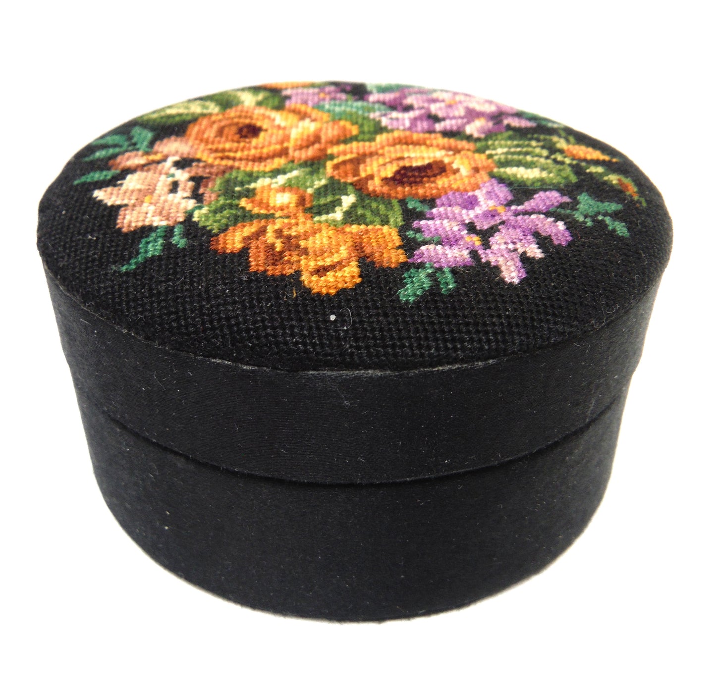 VINTAGE AND RARE! Hand-Embroidered Small Round Jewelry Box, with Removable Lid and In-laid Original Mirror