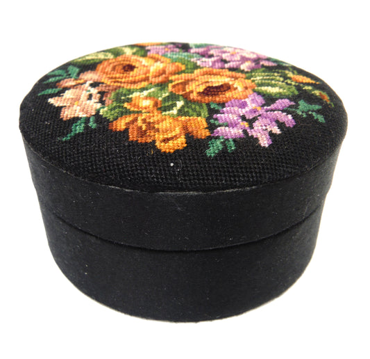 VINTAGE AND RARE! Hand-Embroidered Small Round Jewelry Box, with Removable Lid and In-laid Original Mirror
