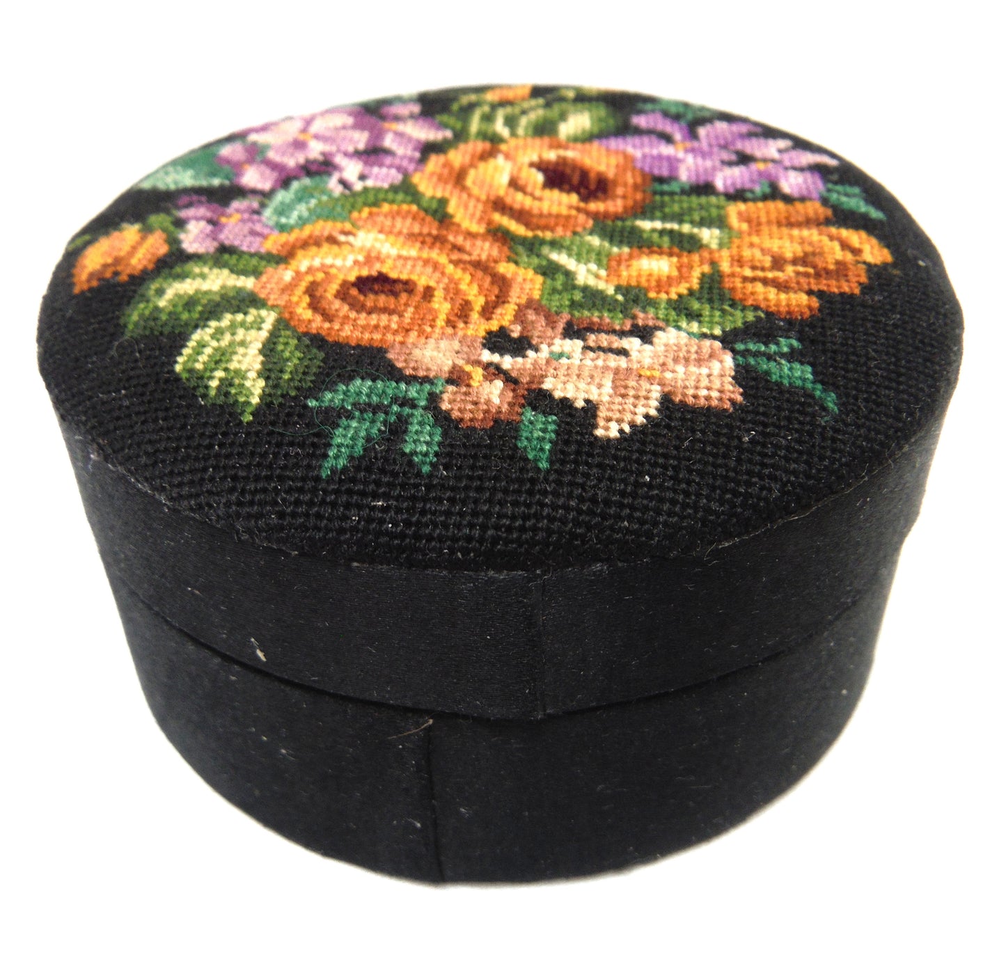 VINTAGE AND RARE! Hand-Embroidered Small Round Jewelry Box, with Removable Lid and In-laid Original Mirror