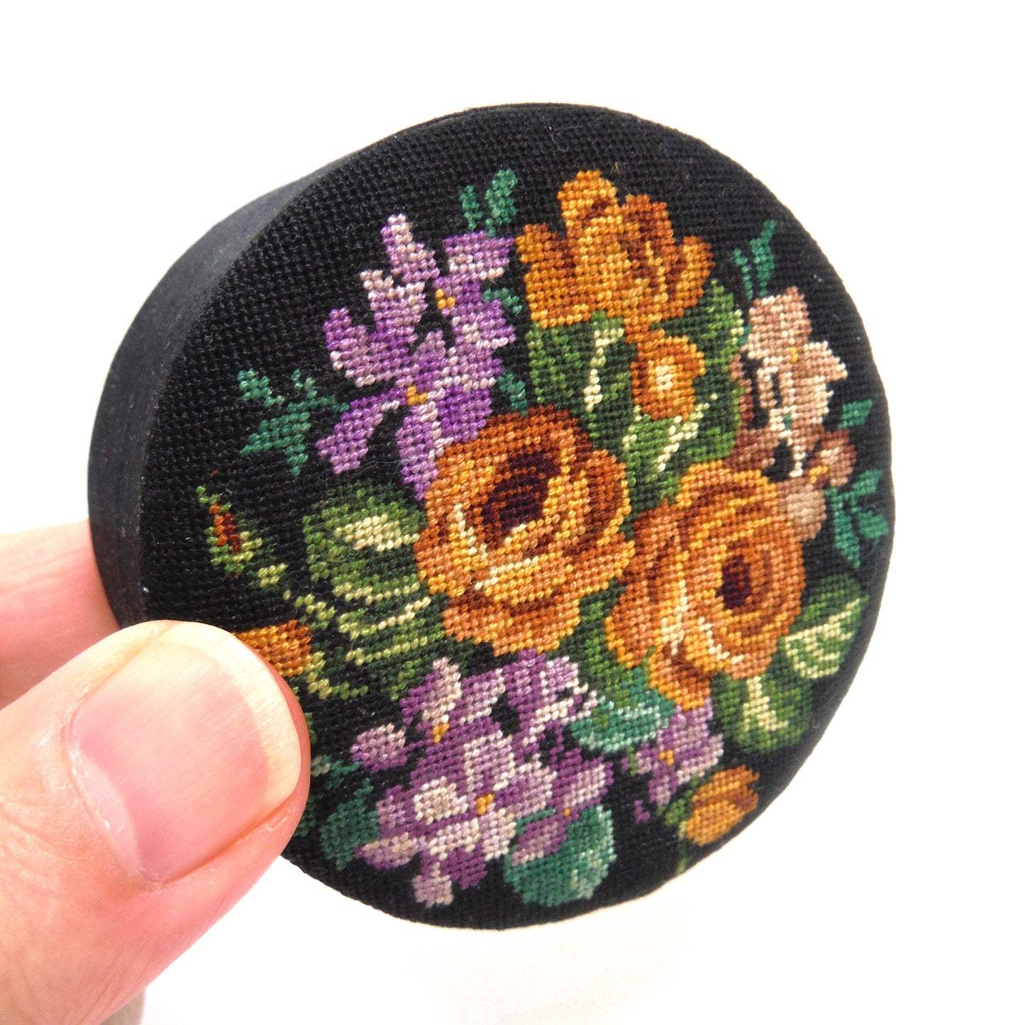 VINTAGE AND RARE! Hand-Embroidered Small Round Jewelry Box, with Removable Lid and In-laid Original Mirror