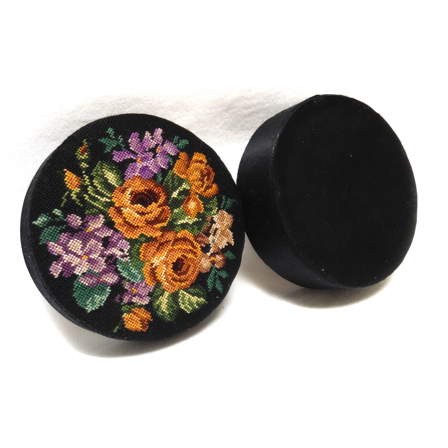 VINTAGE AND RARE! Hand-Embroidered Small Round Jewelry Box, with Removable Lid and In-laid Original Mirror