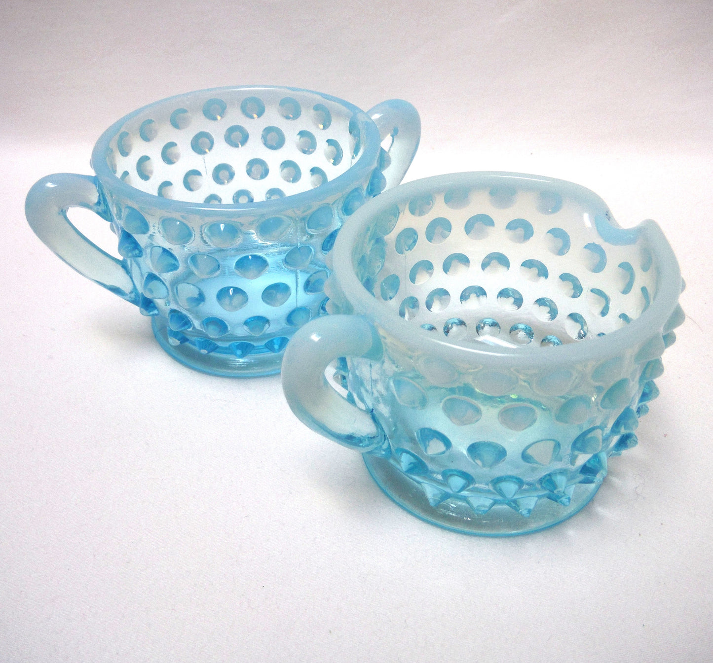 VINTAGE MINI CREAMER AND SUGAR SET: Fenton Aqua Blue Hob Nail