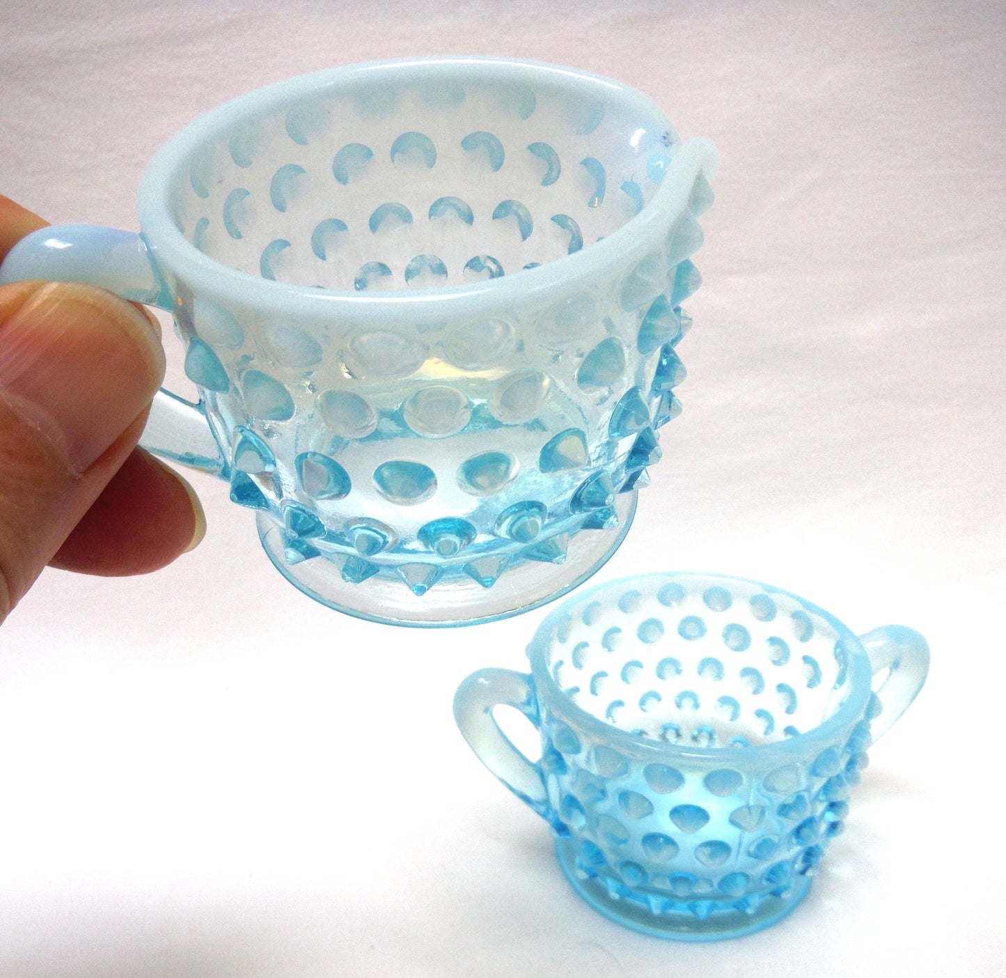 VINTAGE MINI CREAMER AND SUGAR SET: Fenton Aqua Blue Hob Nail