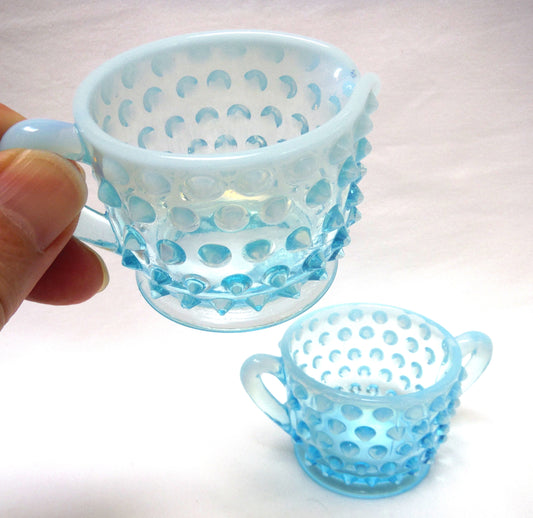 VINTAGE MINI CREAMER AND SUGAR SET: Fenton Aqua Blue Hob Nail