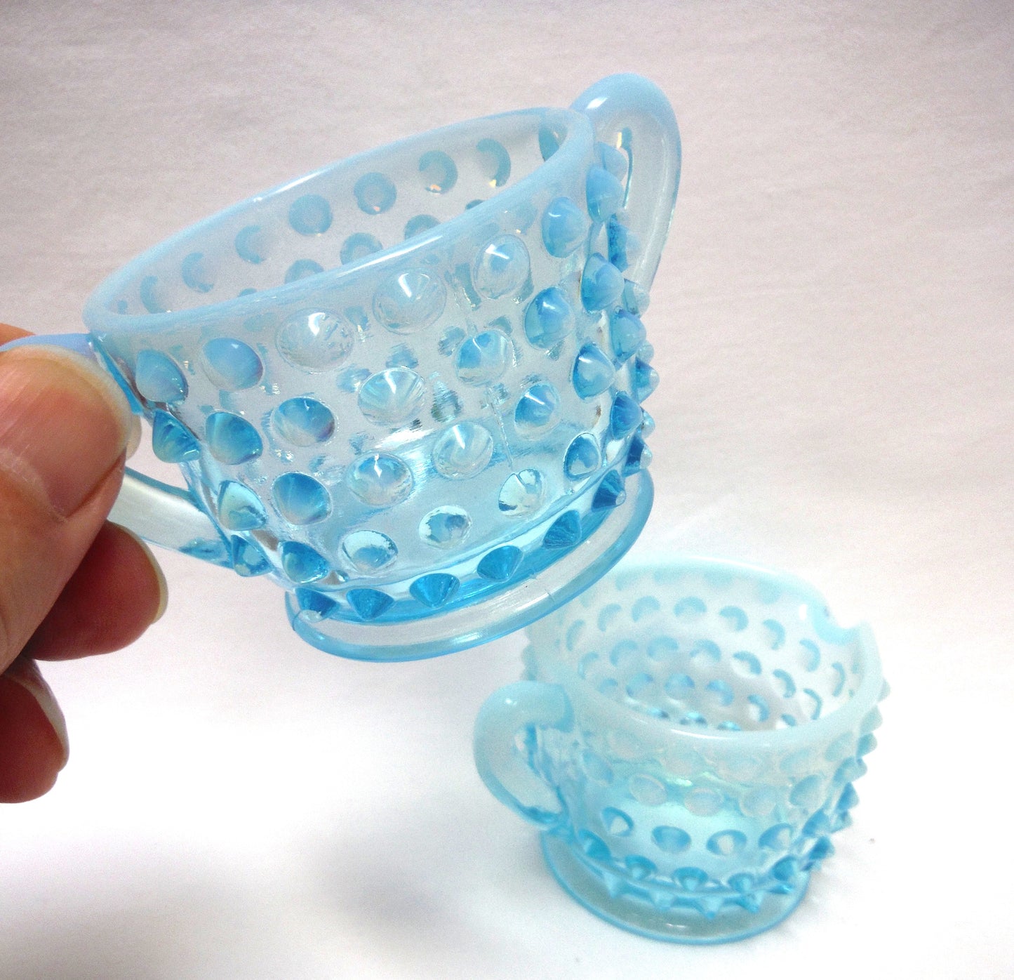 VINTAGE MINI CREAMER AND SUGAR SET: Fenton Aqua Blue Hob Nail