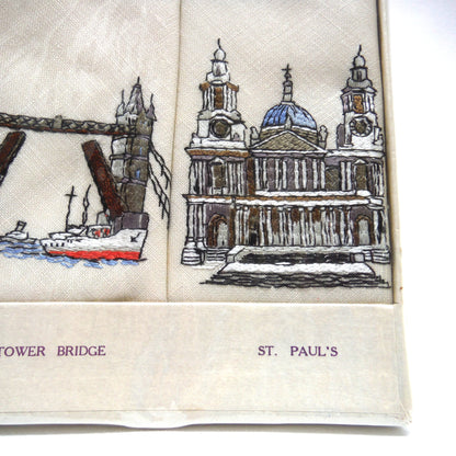 Set of Six 1950's Irish Linen Embroidered Napkins: LONDON SCENES, by The Sundew Company of Ireland.