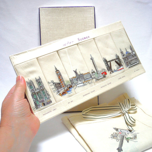 Set of Six 1950's Irish Linen Embroidered Napkins: LONDON SCENES, by The Sundew Company of Ireland.