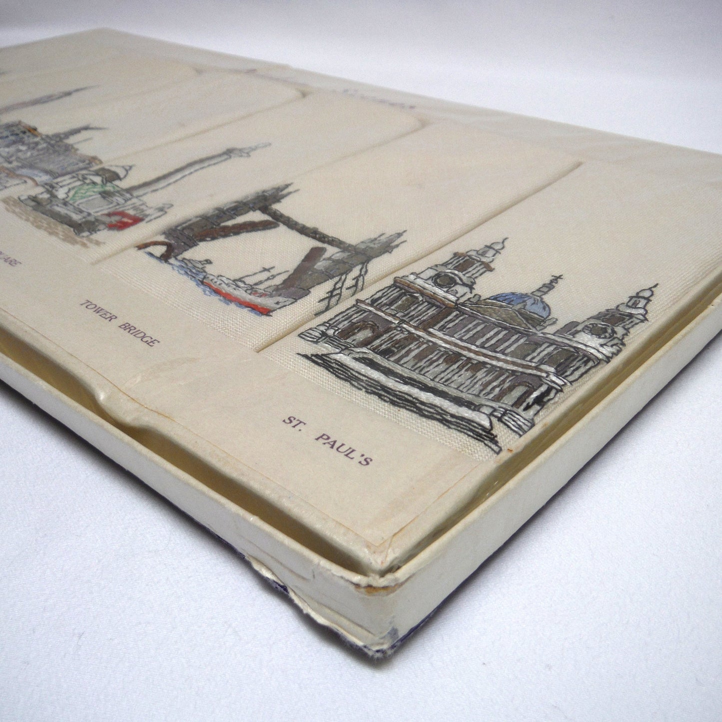 Set of Six 1950's Irish Linen Embroidered Napkins: LONDON SCENES, by The Sundew Company of Ireland.