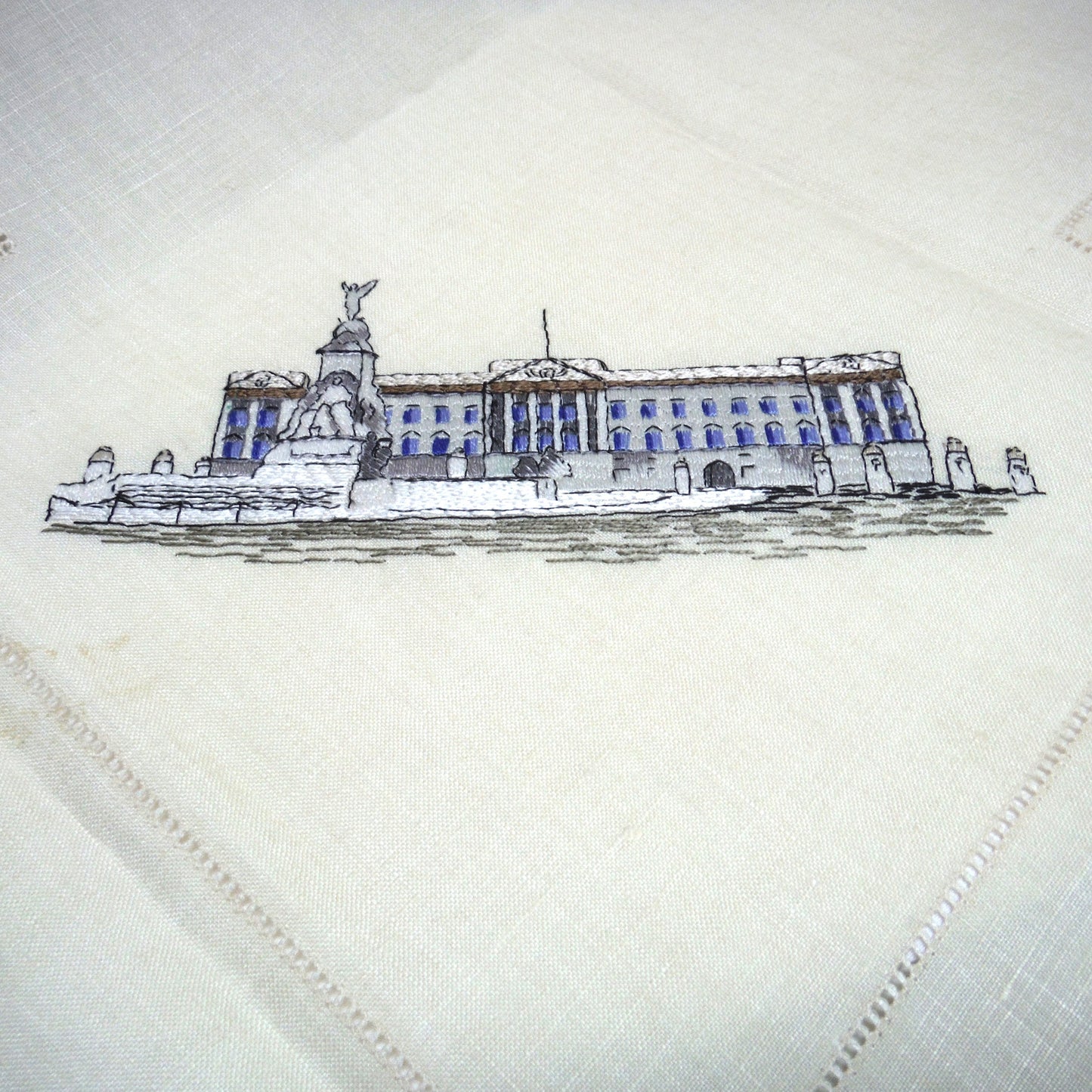 Set of Six 1950's Irish Linen Embroidered Napkins: LONDON SCENES, by The Sundew Company of Ireland.