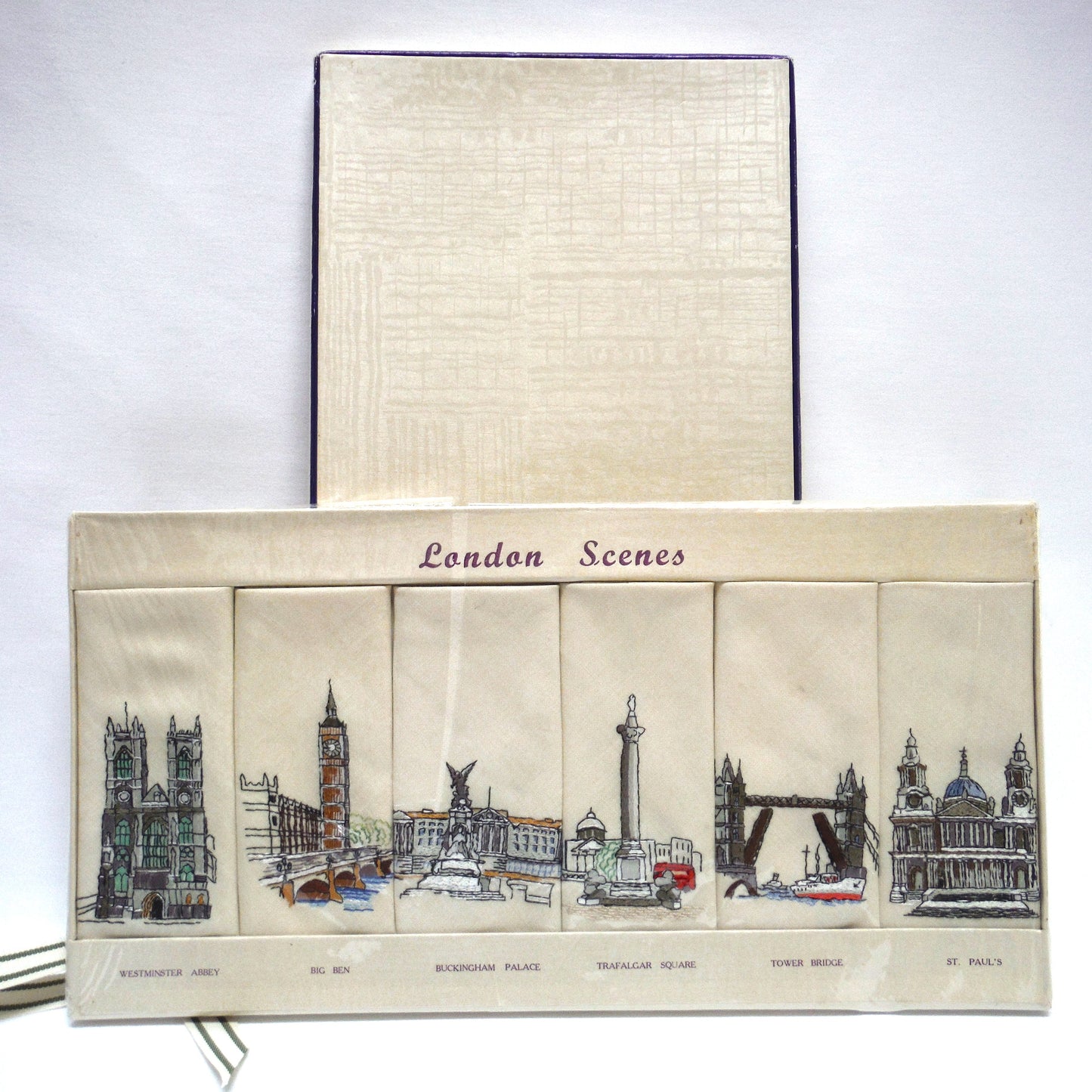 Set of Six 1950's Irish Linen Embroidered Napkins: LONDON SCENES, by The Sundew Company of Ireland.