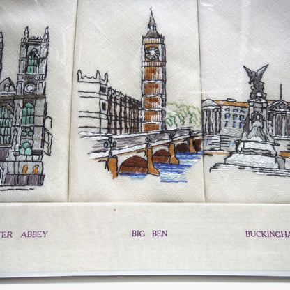 Set of Six 1950's Irish Linen Embroidered Napkins: LONDON SCENES, by The Sundew Company of Ireland.