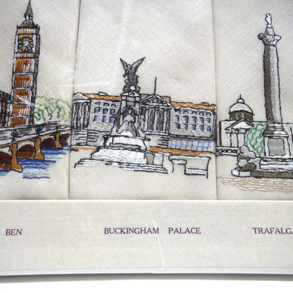 Set of Six 1950's Irish Linen Embroidered Napkins: LONDON SCENES, by The Sundew Company of Ireland.
