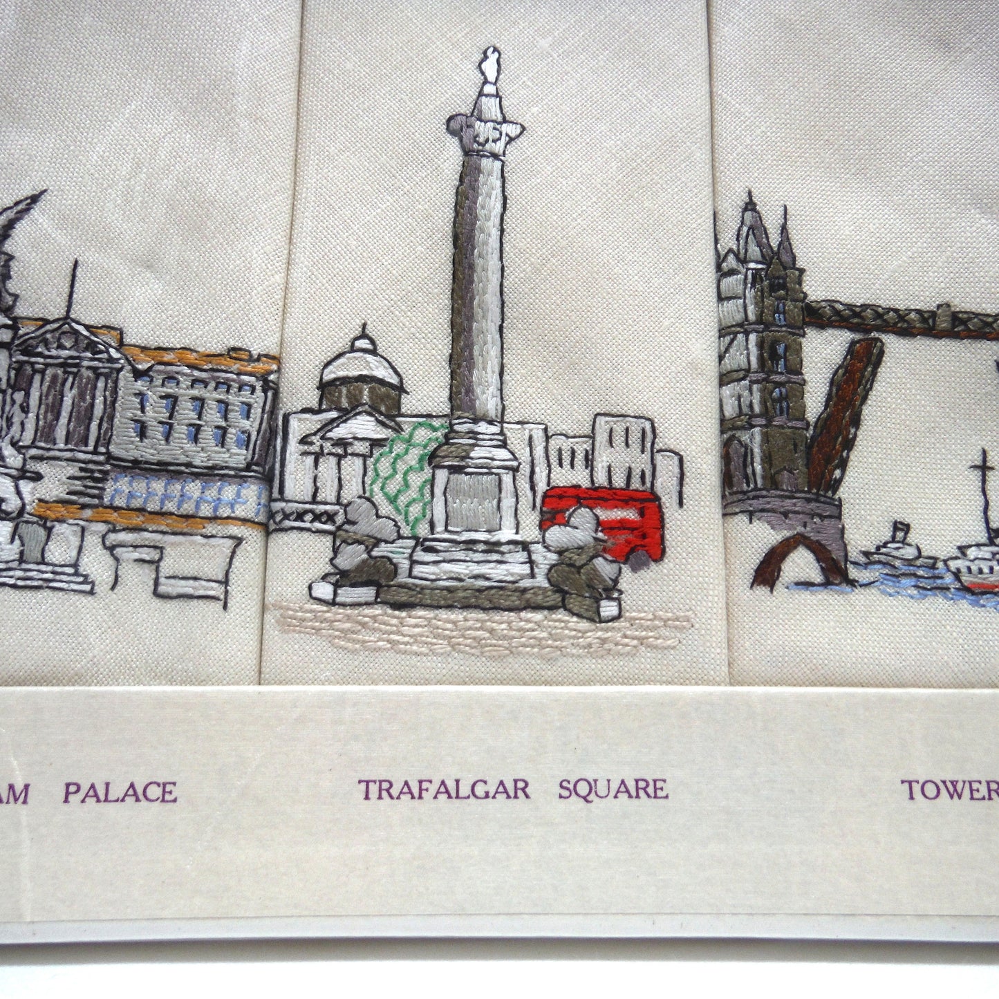 Set of Six 1950's Irish Linen Embroidered Napkins: LONDON SCENES, by The Sundew Company of Ireland.