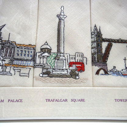 Set of Six 1950's Irish Linen Embroidered Napkins: LONDON SCENES, by The Sundew Company of Ireland.