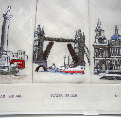 Set of Six 1950's Irish Linen Embroidered Napkins: LONDON SCENES, by The Sundew Company of Ireland.