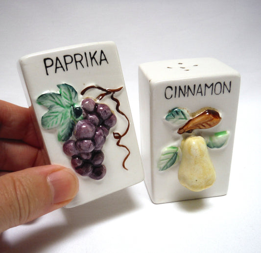 Vintage Pair of Made in Japan White Rectangular Spice Jars with 3-D Design: Cinnamon & Paprika