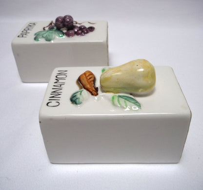 Vintage Pair of Made in Japan White Rectangular Spice Jars with 3-D Design: Cinnamon & Paprika