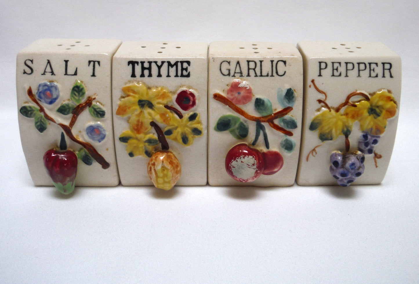 Vintage Made in Japan Taupe Coloured Pot-Bellied Spice Jars with 3-D Design: SALT-PEPPER-GARLIC & THYME!
