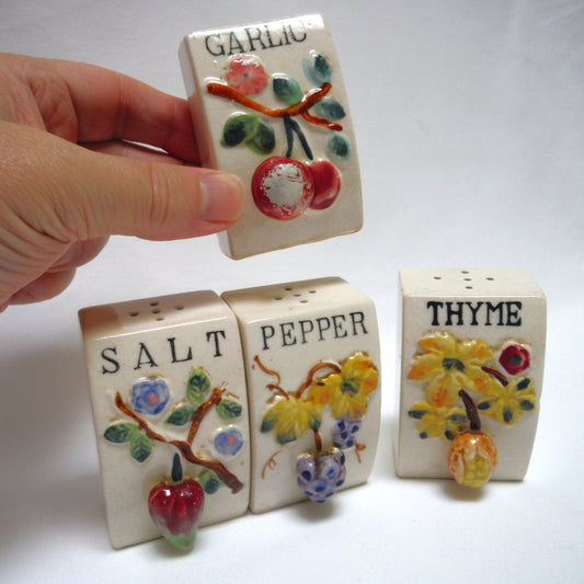 Vintage Made in Japan Taupe Coloured Pot-Bellied Spice Jars with 3-D Design: SALT-PEPPER-GARLIC & THYME!