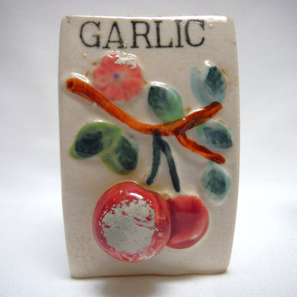 Vintage Made in Japan Taupe Coloured Pot-Bellied Spice Jars with 3-D Design: SALT-PEPPER-GARLIC & THYME!