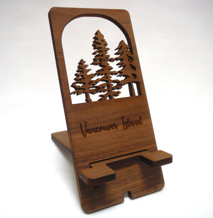 CONTEMPORARY WOODEN CELL PHONE HOLDER: Hand Made on Vancouver Island, Featuring Lasered Tree Design