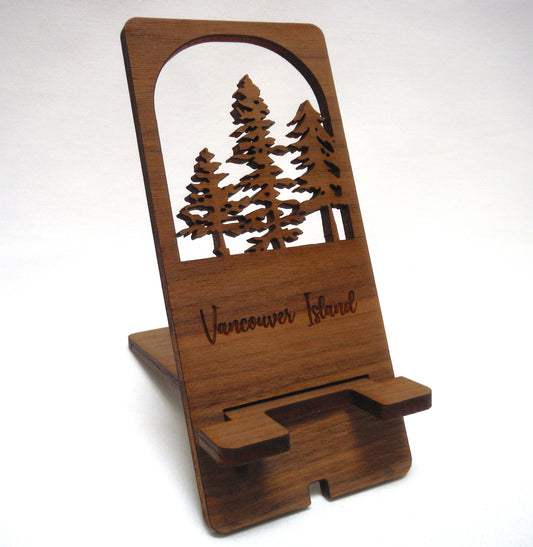 CONTEMPORARY WOODEN CELL PHONE HOLDER: Hand Made on Vancouver Island, Featuring Lasered Tree Design
