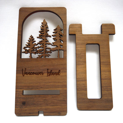 CONTEMPORARY WOODEN CELL PHONE HOLDER: Hand Made on Vancouver Island, Featuring Lasered Tree Design