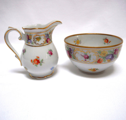 Schumann Bavaria Empress Dresden Flowers MID CENTURY CREAM AND OPEN SUGAR BOWL, produced in the US Zone of Germany after WWII