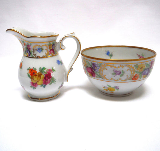 Schumann Bavaria Empress Dresden Flowers MID CENTURY CREAM AND OPEN SUGAR BOWL, produced in the US Zone of Germany after WWII